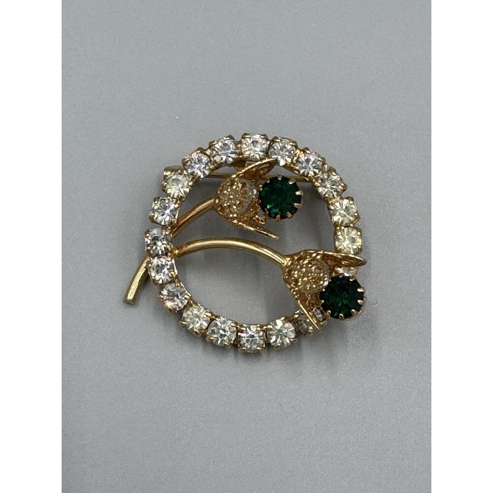 Vintage Green Colored Rhinestone Flowers Gold Colored Stem‎ Round Brooch